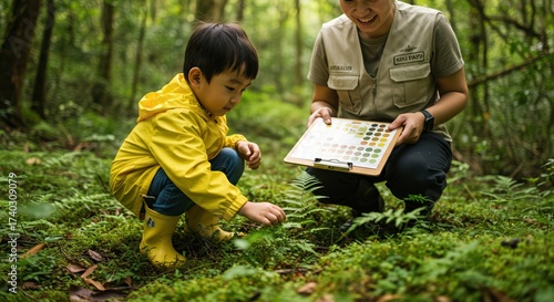 Young boy exploring nature with guide in green forest