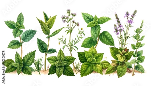 Watercolor illustration of various herbs, mint and lavender plants on white background