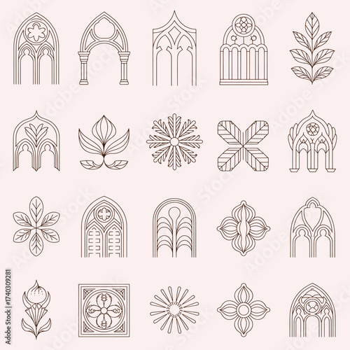 Collection of gothic architectural elements and floral motifs in thin line art style architecture window