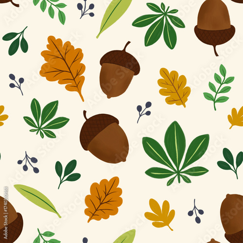 Set of 3 autumn acorn hand painted seamless textile print for baby, kids clothing, nursery, wallpaper