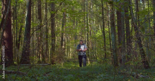 Wallpaper Mural A man with a backpack moves inside a wild dense green forest. Torontodigital.ca