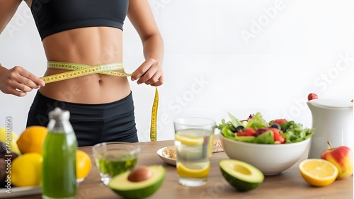 Fit woman measuring waist with tape measure surrounded by healthy food