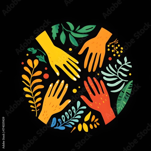 Abstract illustration of hands reaching inward with foliage, symbol of cooperation.