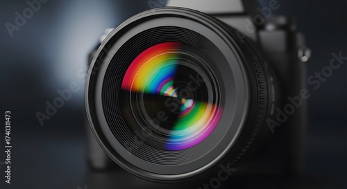 Closeup of a camera lens reflecting rainbow colors on a dark background