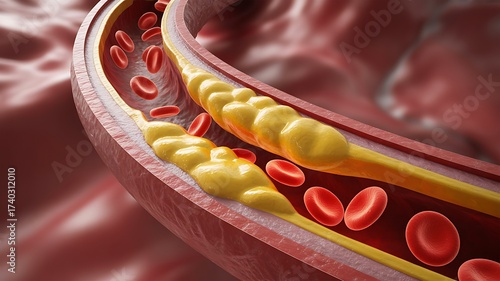 Atherosclerosis: Plaque Buildup in Artery with Red Blood Cells
