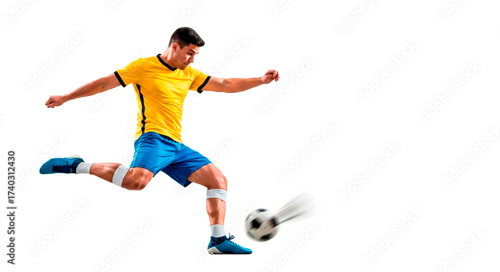 Fototapeta premium A soccer player in yellow shirt and blue shorts gives a powerful kick with his leg on white background