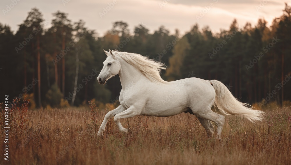 Obraz premium A pristine white horse gallops freely across a field with autumn hues and a forest backdrop