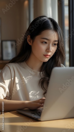 Asian woman works on laptop, bathed in soft sunlight, indoors scene.