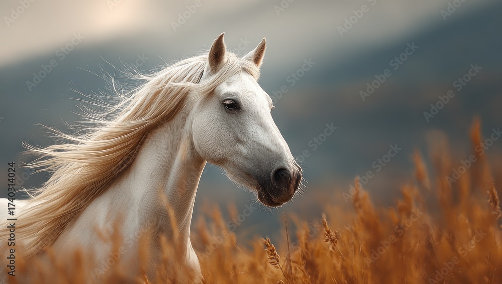 Obraz premium A majestic white horse with flowing mane against a blurred mountain and field backdrop