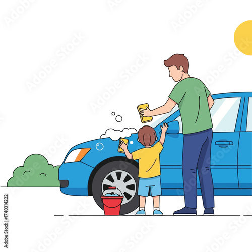 Father and son washing a blue car together creating family bonding moment outdoors in the sunlight showing care and teamwork
