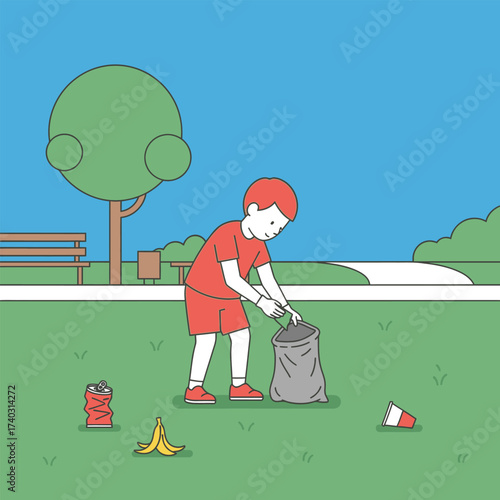 Illustration of a young boy cleaning up litter in a park promoting environmental awareness and community involvement for a cleaner world
