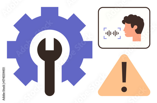Gear with wrench for maintenance, face with soundwave for voice recognition, and triangle with exclamation for caution. Ideal for technology, AI, troubleshooting, audio input, settings, alerts