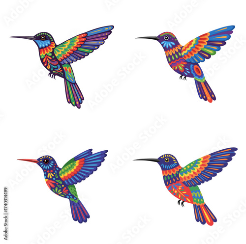 Colorful hummingbirds illustrated in traditional Mexican alebrijes style, white background, isolated, vector, set  