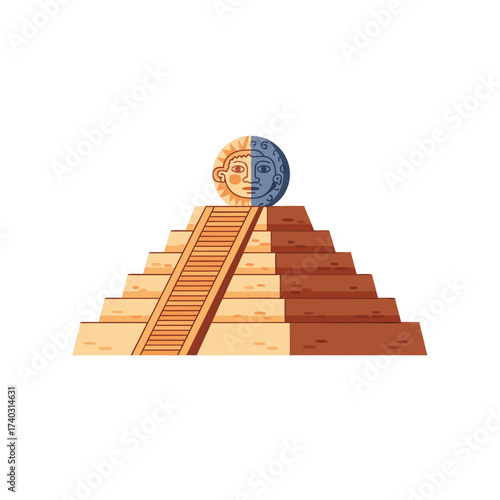Mexican pyramid with sun and moon symbol in colorful style, white background, isolated, vector, set  