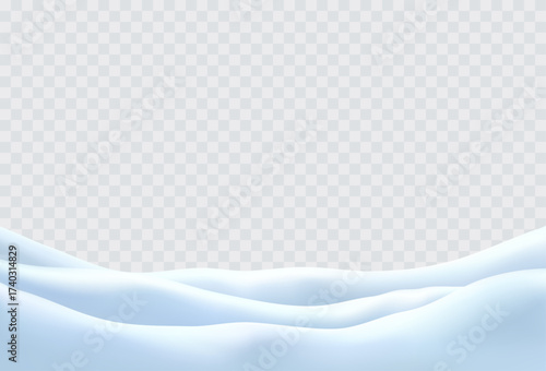 Snow drifts landscape isolated on transparent background. Christmas border with frozen hills and snowdrifts. Vector 3d snowbanks cover winter field