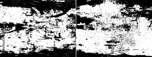 Two backgrounds with black ink textured. Overlay effect for graphic design artwork. Grunge texture. Dust, noise, scratches, grain, vignette.