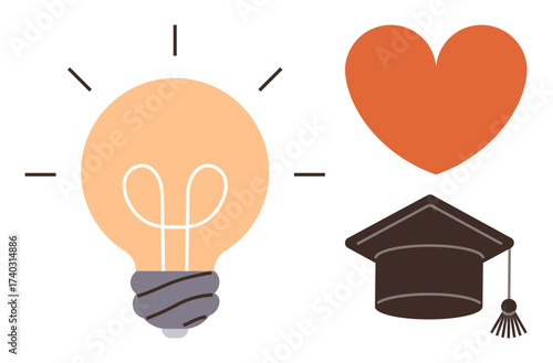 Lightbulb for creativity, heart for passion, graduation cap for knowledge. Ideal for education, learning, innovation, creativity, passion inspiration student success. Simple flat metaphor