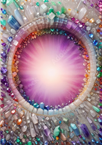 Frame of vibrant uncut crystals and polished gems on a sparkling misty surface