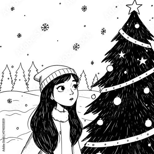 Young girl looking up at decorated Christmas tree in winter snowfall