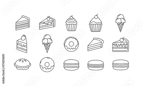 Trendy food and beverage line icons including pizza, burger, sandwich, coffee, cocktail, sushi, cake, fruits, vegetables, ice cream, and chef hat. Clean stroke vector design for menus, apps, and digit