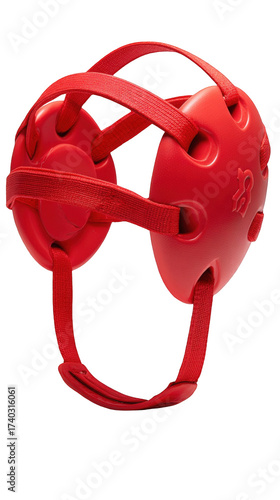 Red protective wrestling headgear for combat sports athlete isolated on a transparent background.