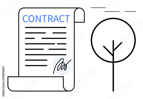 Legal agreement with rolled paper and handwritten signature beside minimalist tree illustration. Ideal for sustainability, contract, business, environment, corporate responsibility, legal compliance