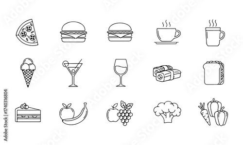 Trendy food and beverage line icons including pizza, burger, sandwich, coffee, cocktail, sushi, cake, fruits, vegetables, ice cream, and chef hat. Clean stroke vector design for menus, apps, and digit