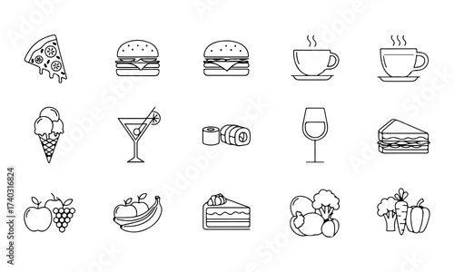 Trendy food and beverage line icons including pizza, burger, sandwich, coffee, cocktail, sushi, cake, fruits, vegetables, ice cream, and chef hat. Clean stroke vector design for menus, apps, and digit