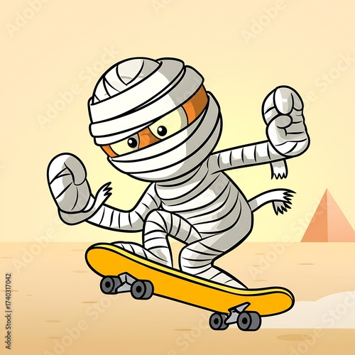 Playful mummy struggling to learn skateboarding, hampered by bandages and frequent falls, yet persistently trying again.