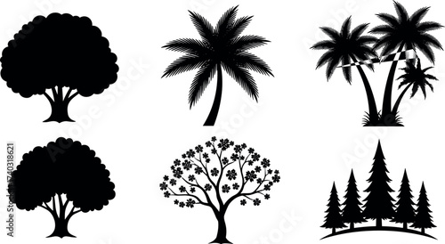 Black Tree Silhouettes Collection Featuring Palm, Deciduous, Flowering, and Pine Trees for Nature, Landscape, and Tropical Vector Design Use