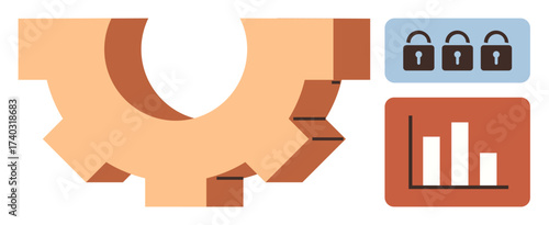 Large gear symbolizing processes, three locks indicating security, bar chart illustrating data analysis and progress. Ideal for technology, security, analytics, operations, progress, strategy system