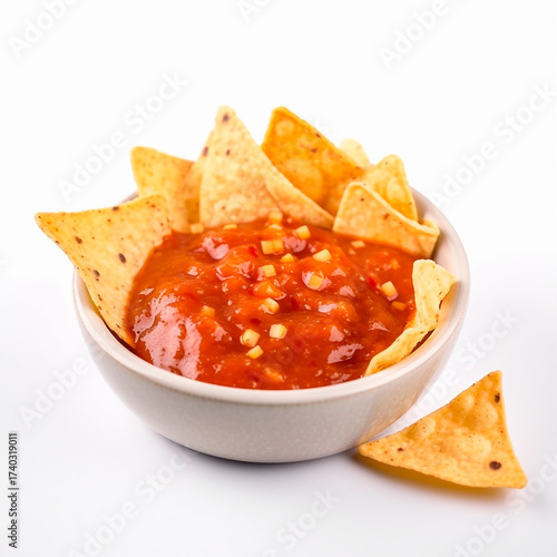 Tazón blanco de nachos con salsa picante, vista frontal