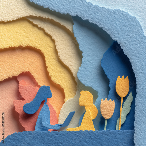 Women working together on laptops in colorful paper cutout landscape - Concept of International Women’s Day  