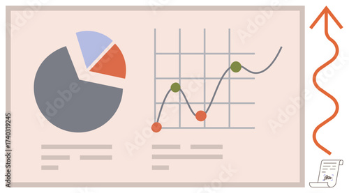 Pie chart and line graph highlighting analytics, data trends, and performance insights with upward arrow. Ideal for data analysis, strategy planning, business growth, market trends, reports