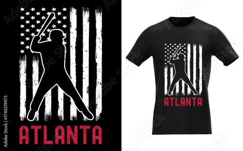 Silhouette of a baseball player with a bat against a distressed american flag and atlanta text