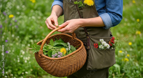 person foraging wild herbs and berries in sunny meadow holding traditional wicker basket filled with dandelion leaves and red berries celebrating natural organic collection