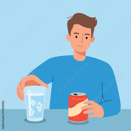 Cheerful person holds can of drink, glass of iced water nearby