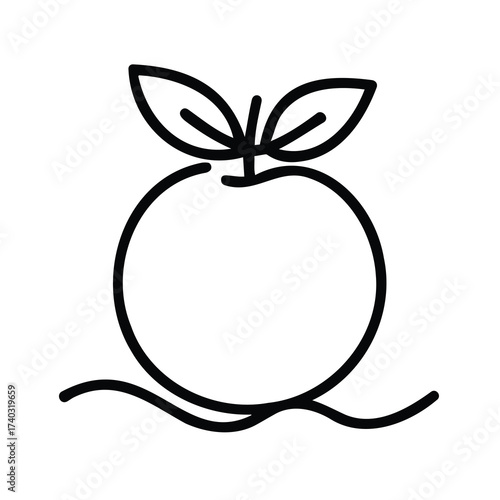 Vector art of a clean line art icon of an apple with two leaves and a wavy line at the bottom, suggesting growth or water, isolated on a, representing health and nature