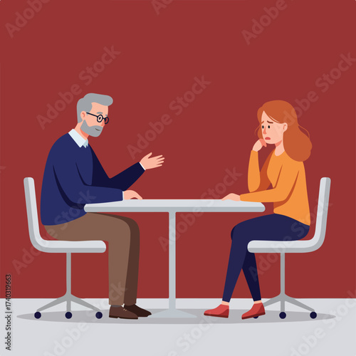 An older man speaks with a younger woman who looks distressed