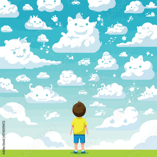Boy gazes up at whimsical clouds shaped like animals and objects