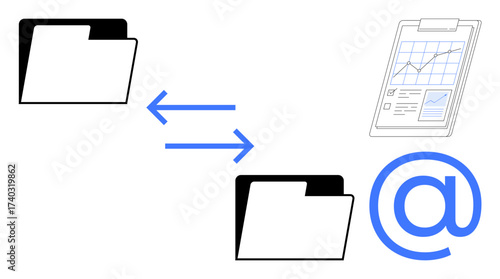 File folders exchanging data with arrows, analytics on a clipboard, and email symbol. Ideal for communication, file transfer, digital storage, reporting, teamwork, data organization minimalism