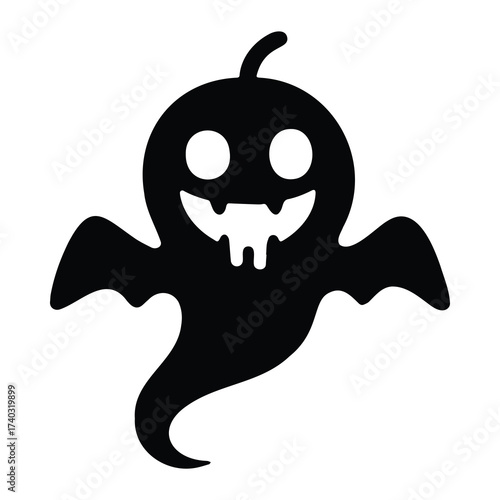 Vector art of a black silhouette of a ghost with a carved pumpkinlike face and bat wings, isolated on a, symbolizing halloween, autumn, and spooky celebrations with a playful yet eerie vibe