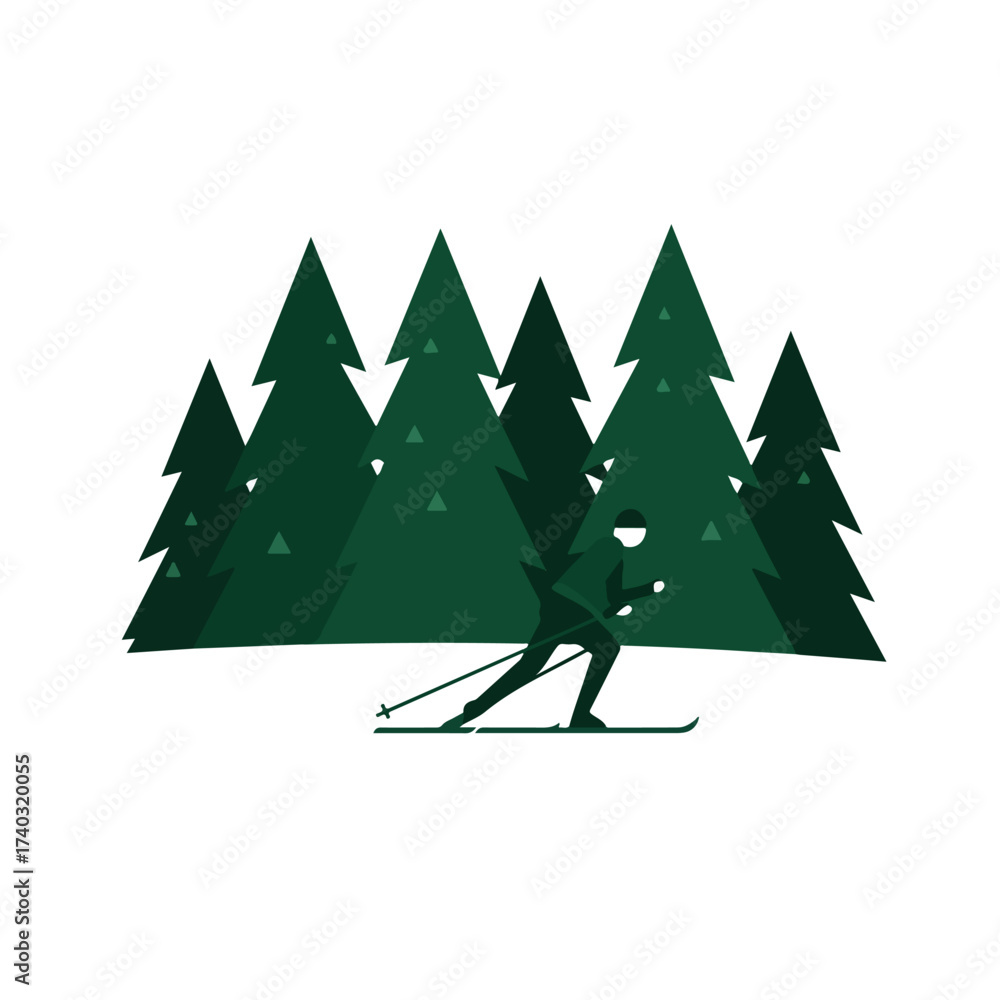 Obraz premium Stylized skier glides through dark green evergreen trees
