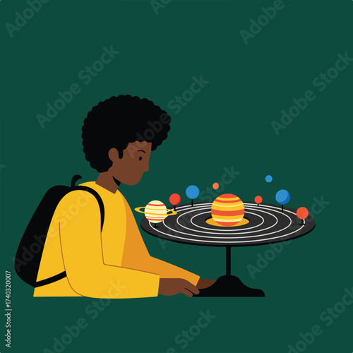 Child with backpack studies solar system model