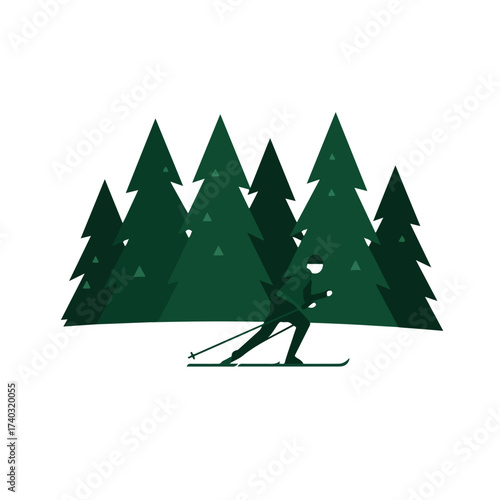 Stylized skier glides through dark green evergreen trees