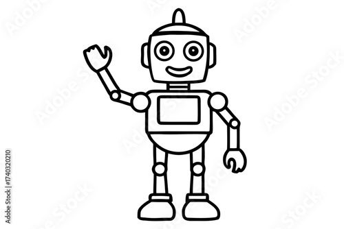 Friendly Robot Waving Hand – Black and White Outline Coloring Page
