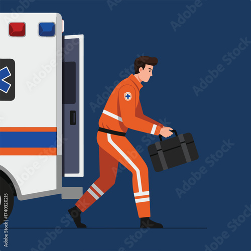 Emergency responder in orange uniform exits ambulance carrying medical bag