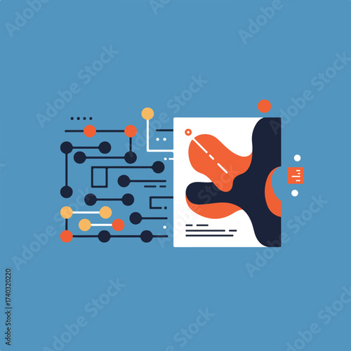 Abstract network of dots and lines connects to a document with organic shapes