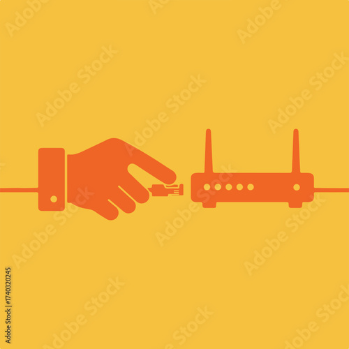 Orange hand inserts cable into router with antennas