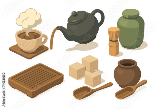 Tea ceremony essentials: teapot, cup, whisk, sugar cubes, and jars on gradient background
